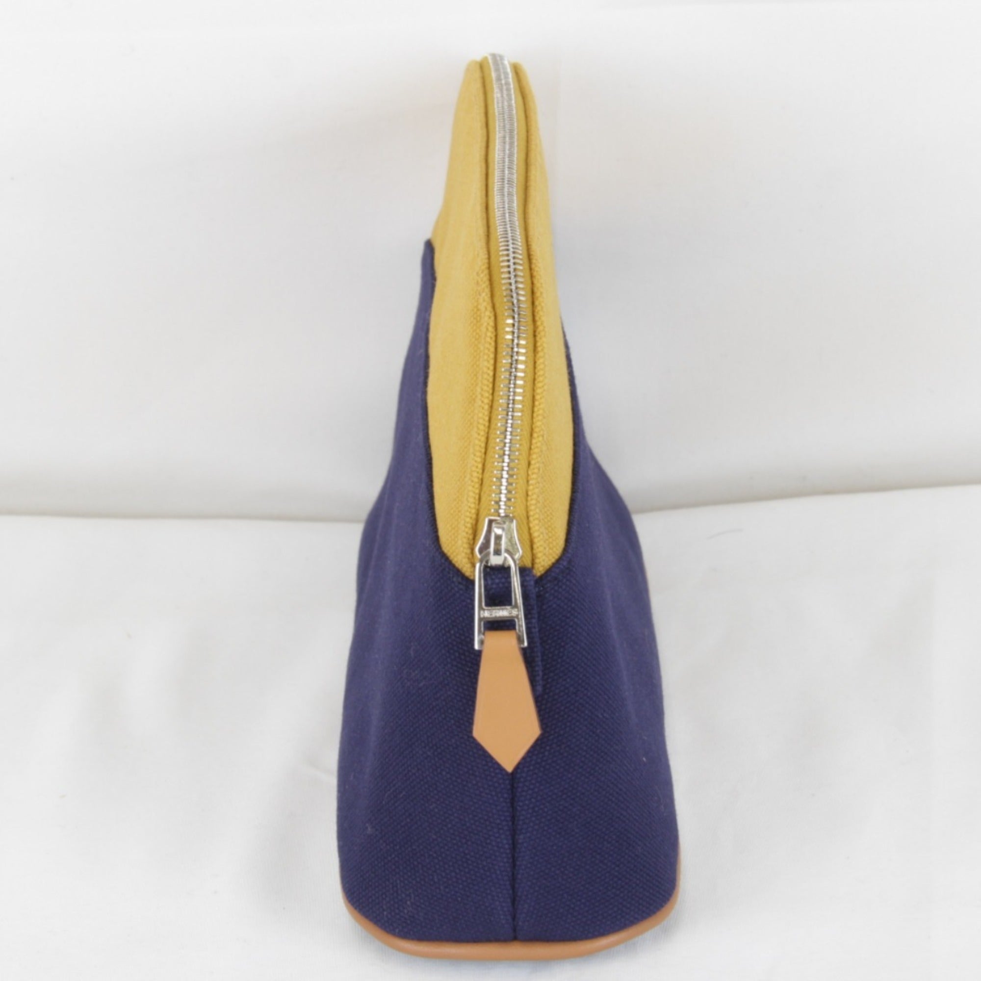 HERMES Bolide Mini Pouch, Cotton, Ochre x Navy, Women's — Like New