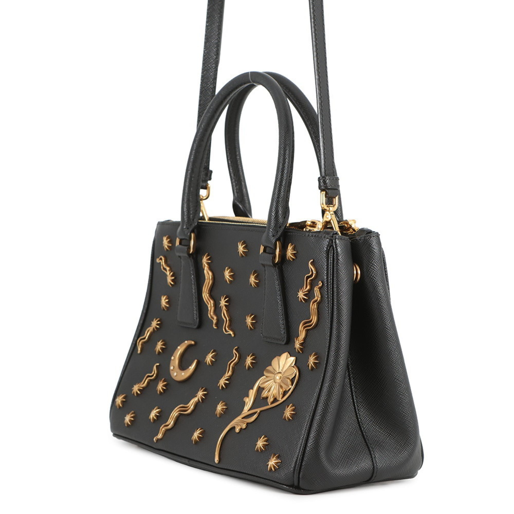 Prada Galleria Small Studded Saffiano Leather Handbag 1BA896, Black, 2-Way