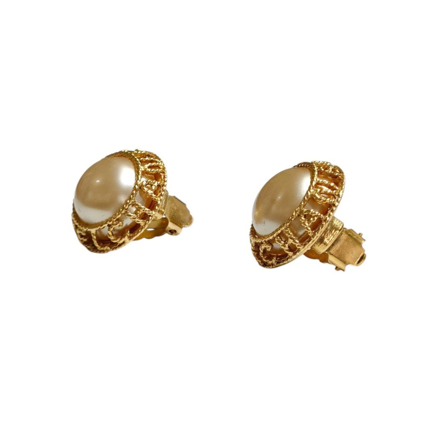 CHANEL Vintage Faux Pearl Circle Clip Earrings, Gold, with Box, Women's