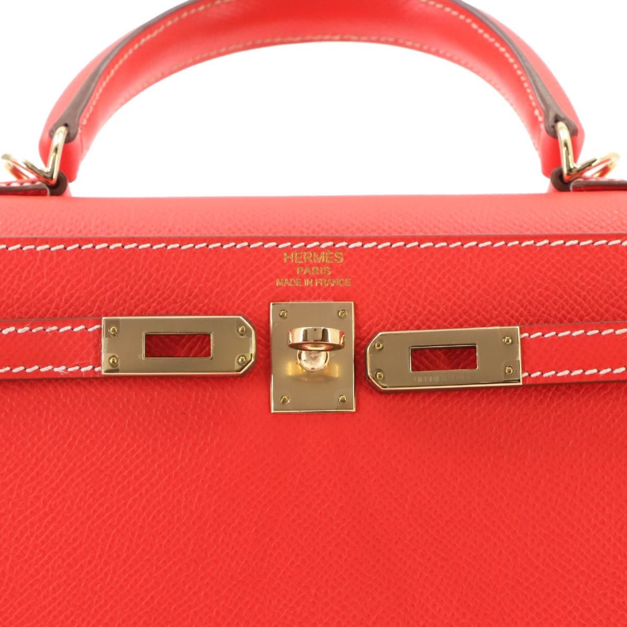 Hermes Candy Kelly 25 Epsom Rose Jaipur Gold 2-way Hand/Shoulder Handbag with external stitching, □Q stamp, gold hardware — Like New