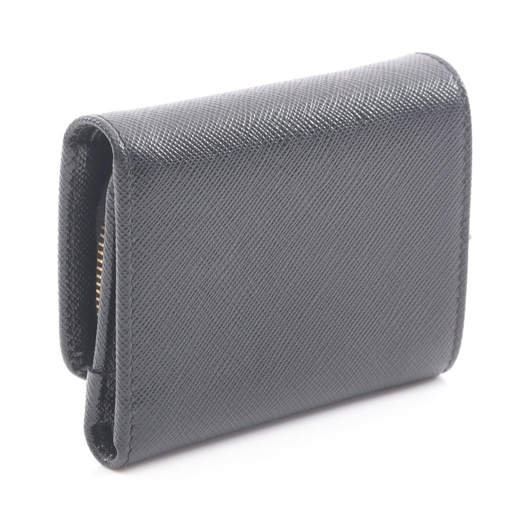 Prada Saffiano Triangle Trifold Wallet, Leather, Women's, Black, 1MH044