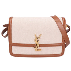 Yves Saint Laurent SAINT LAURENT PARIS 634305 Canvas x Leather Solferino Medium Flap Shoulder Bag, Natural Brown, Gold Hardware, Women's — Like New