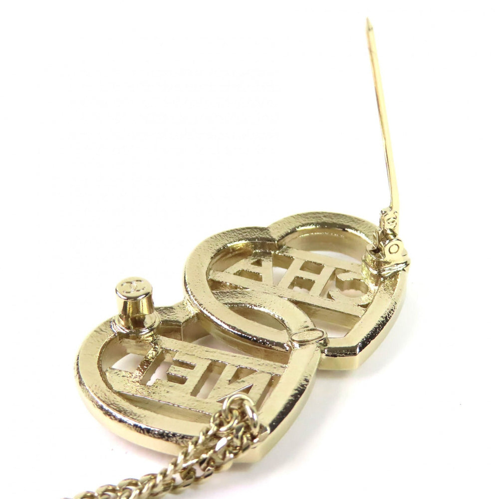CHANEL C23B ABB655 Coco Mark Metal Strass Double Heart Chain Brooch Gold Women's — Like New