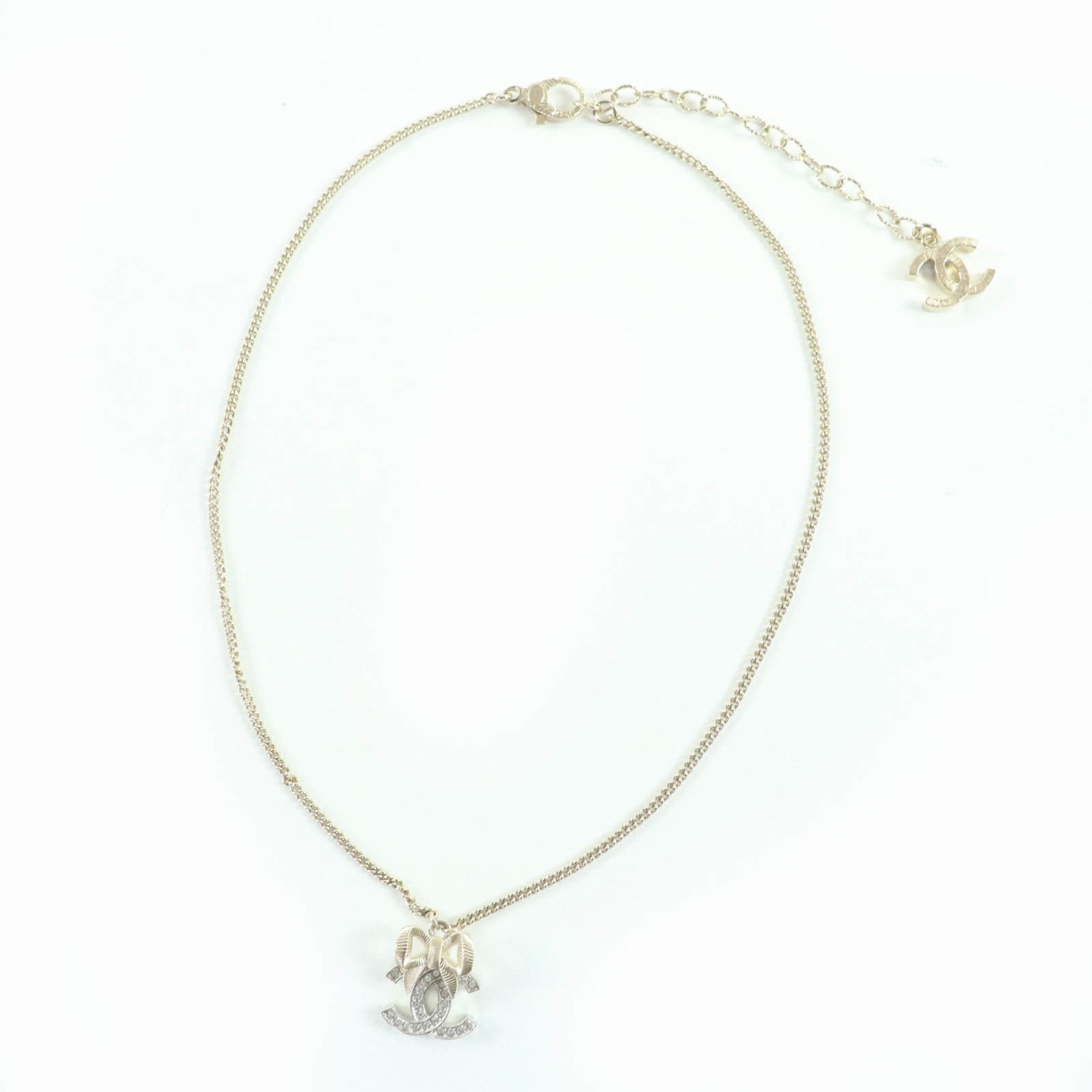 CHANEL B24K Coco Mark Ribbon Rhinestone Necklace, Champagne Gold, with Box, Made in Italy, Women's — Like New