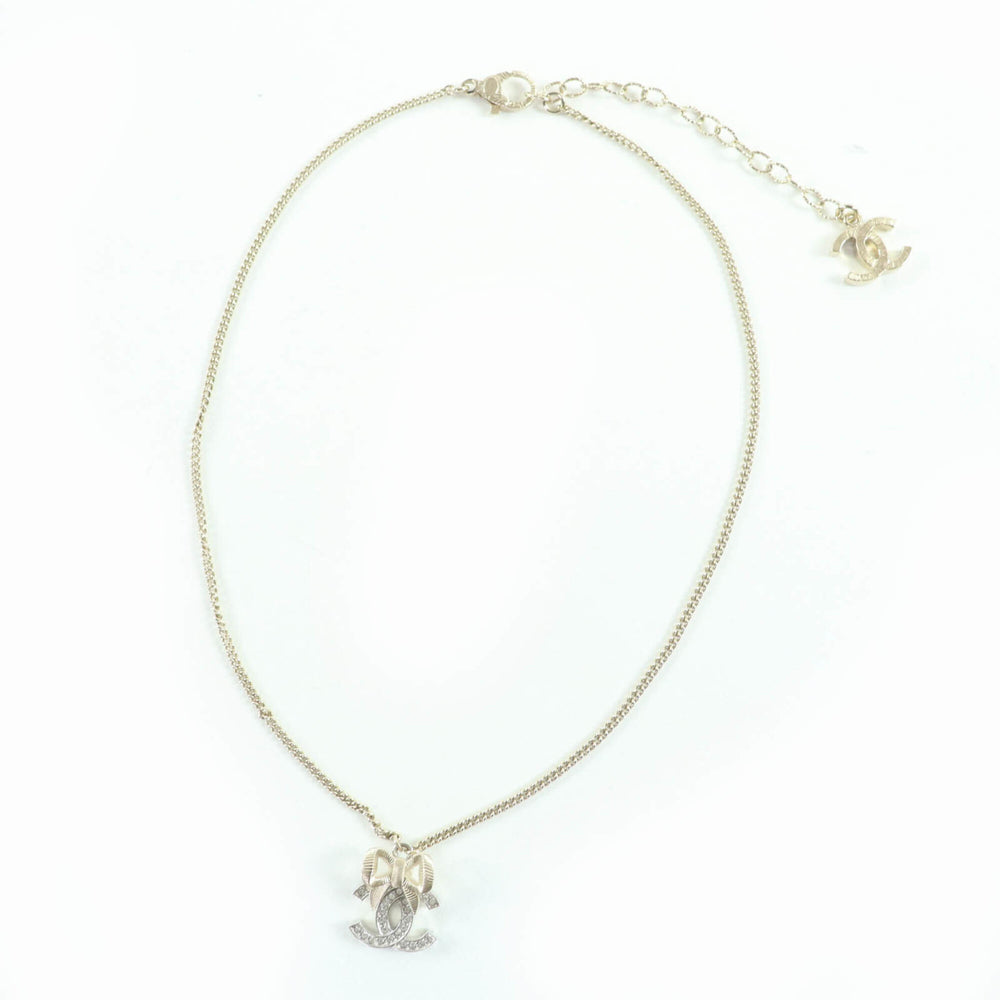 CHANEL B24K Coco Mark Ribbon Rhinestone Necklace, Champagne Gold, with Box, Made in Italy, Women's — Like New