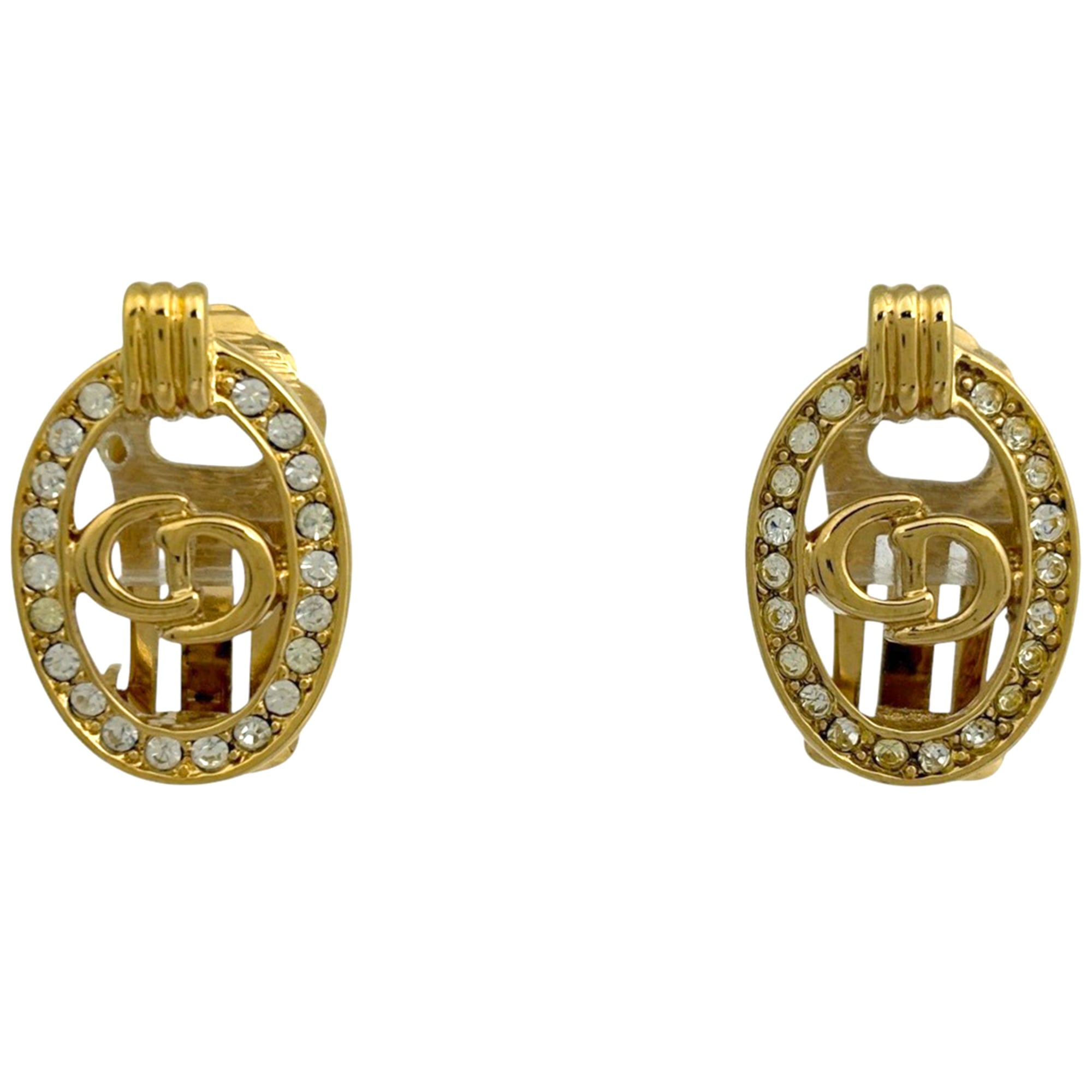 Christian Dior Logo Rhinestone Oval CD Earrings in Gold (GP) for Women