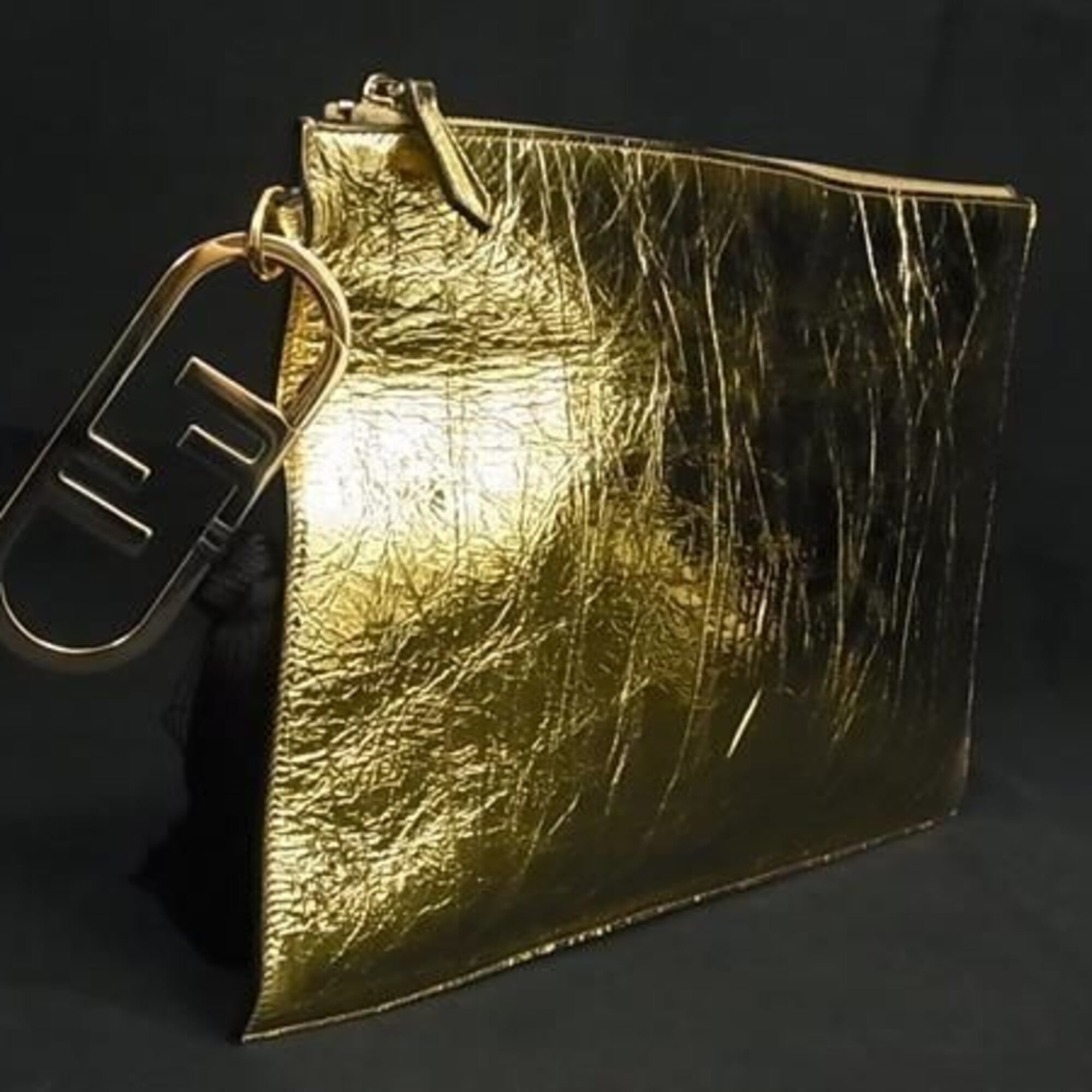 FENDI Clutch Bag Large Flat Pouch 8N0178 Gold Leather Men's Women's Tassel — New - Store Return
