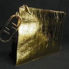 FENDI Clutch Bag Large Flat Pouch 8N0178 Gold Leather Men's Women's Tassel — New - Store Return
