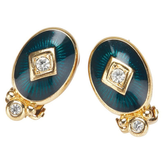 Burberry Vintage Oval Rhinestone Earrings, Gold and Green Plated, Women's