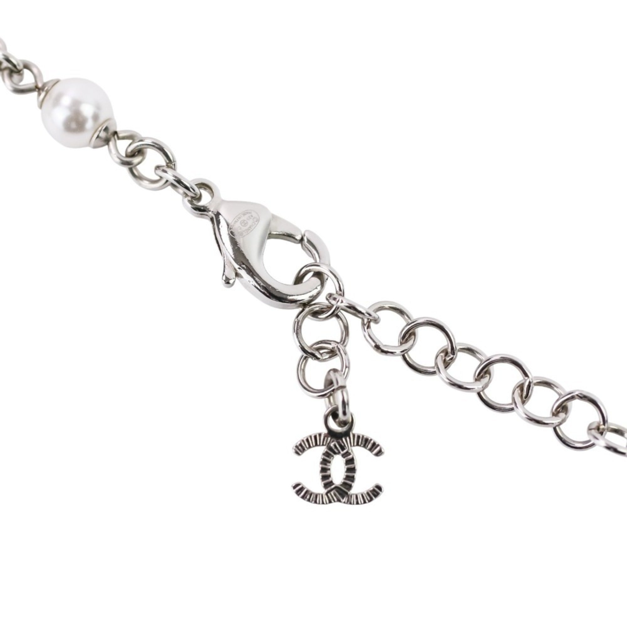 A25C CHANEL Rhinestone Coco Mark Pearl Necklace, Silver/White, Women's — Like New