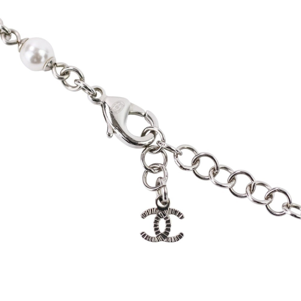 A25C CHANEL Rhinestone Coco Mark Pearl Necklace, Silver/White, Women's — Like New