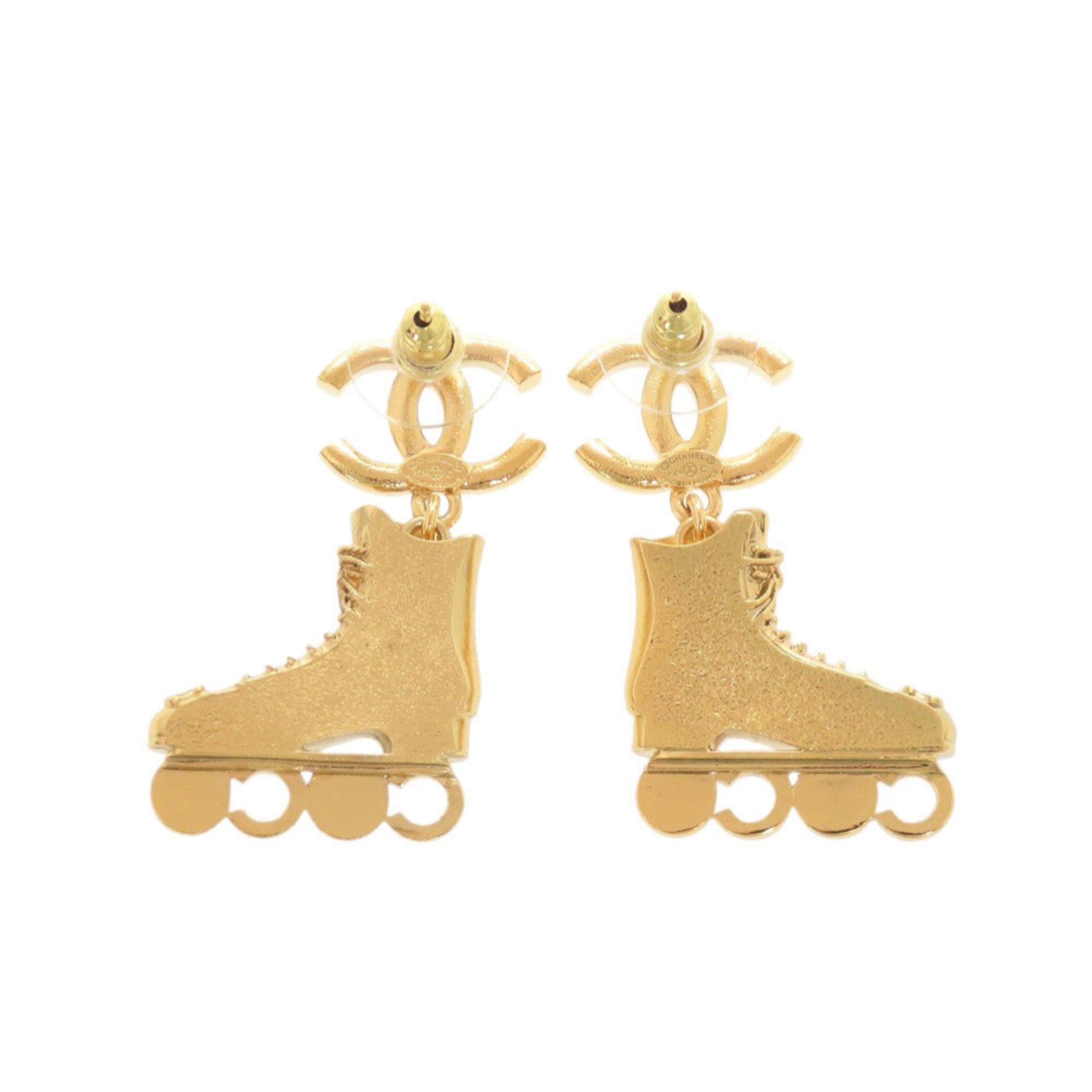 Unused Chanel Coco Mark Roller Skates Metal Rhinestone Faux Pearl Gold Earrings 1465CHANEL — Like New