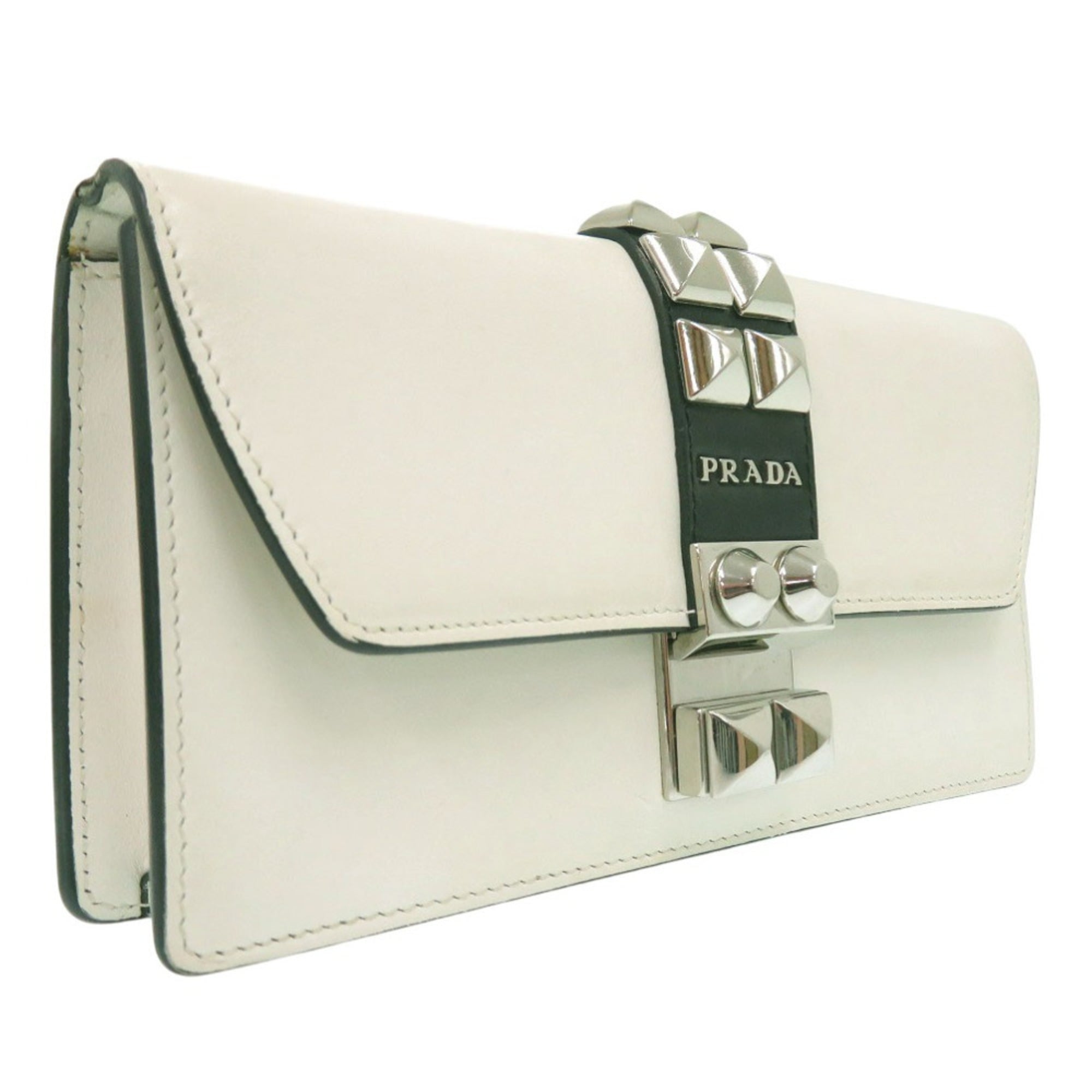 Prada Studded Chain Wallet Crossbody Long in White Leather 1430