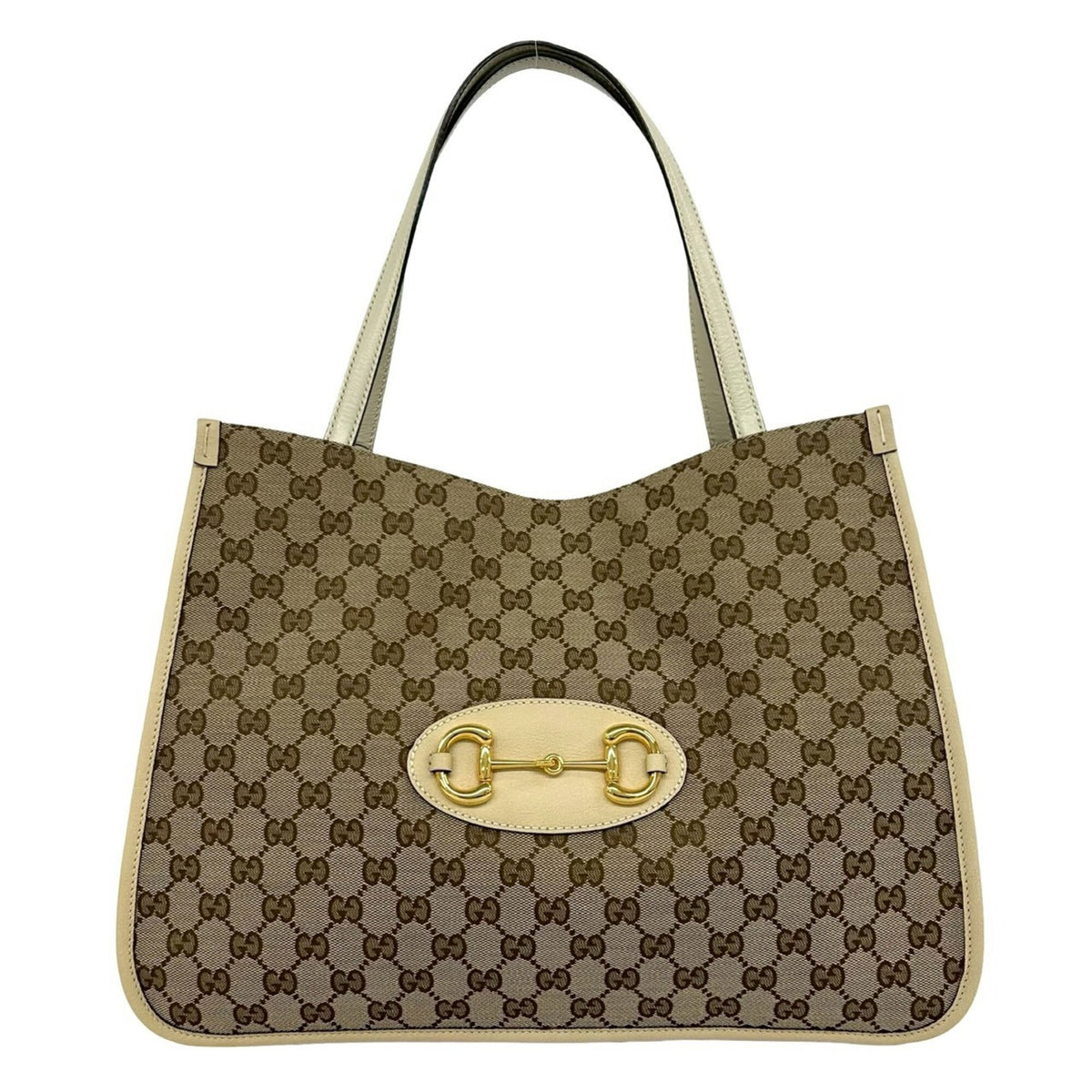 GUCCI GG Logo Horsebit Hardware Canvas Leather Genuine Tote Bag Semi Shoulder Beige 05060 — Like New