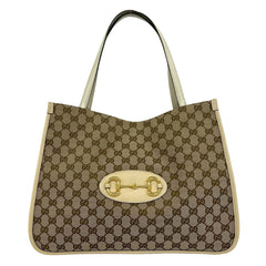GUCCI GG Logo Horsebit Hardware Canvas Leather Genuine Tote Bag Semi Shoulder Beige 05060 — Like New