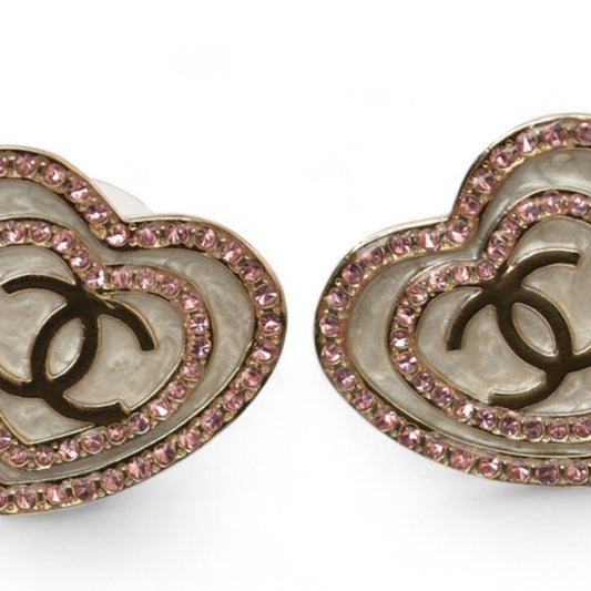 Chanel Earrings CHANEL CC Heart Motif Rhinestone Rose Gold B24