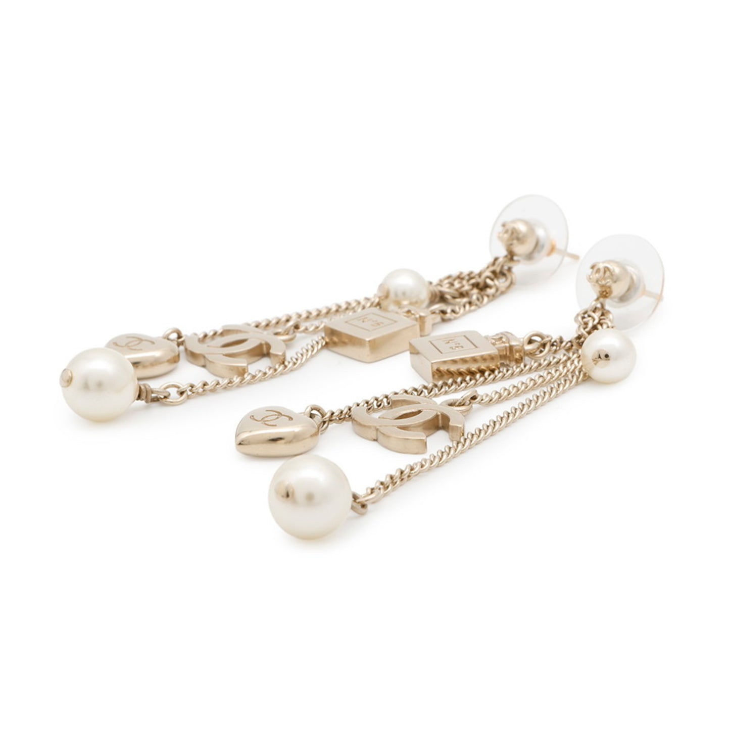 CHANEL Coco Mark Swing Perfume Bottle Heart Faux Pearl Metal Earrings B18B