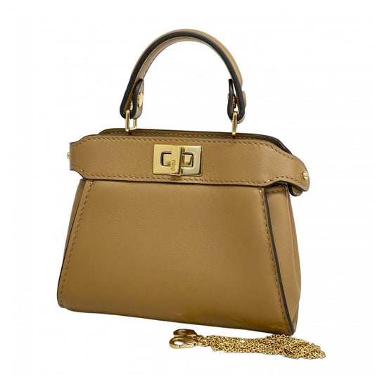 Fendi Nano Peekaboo Leather Handbag, Beige, Women's