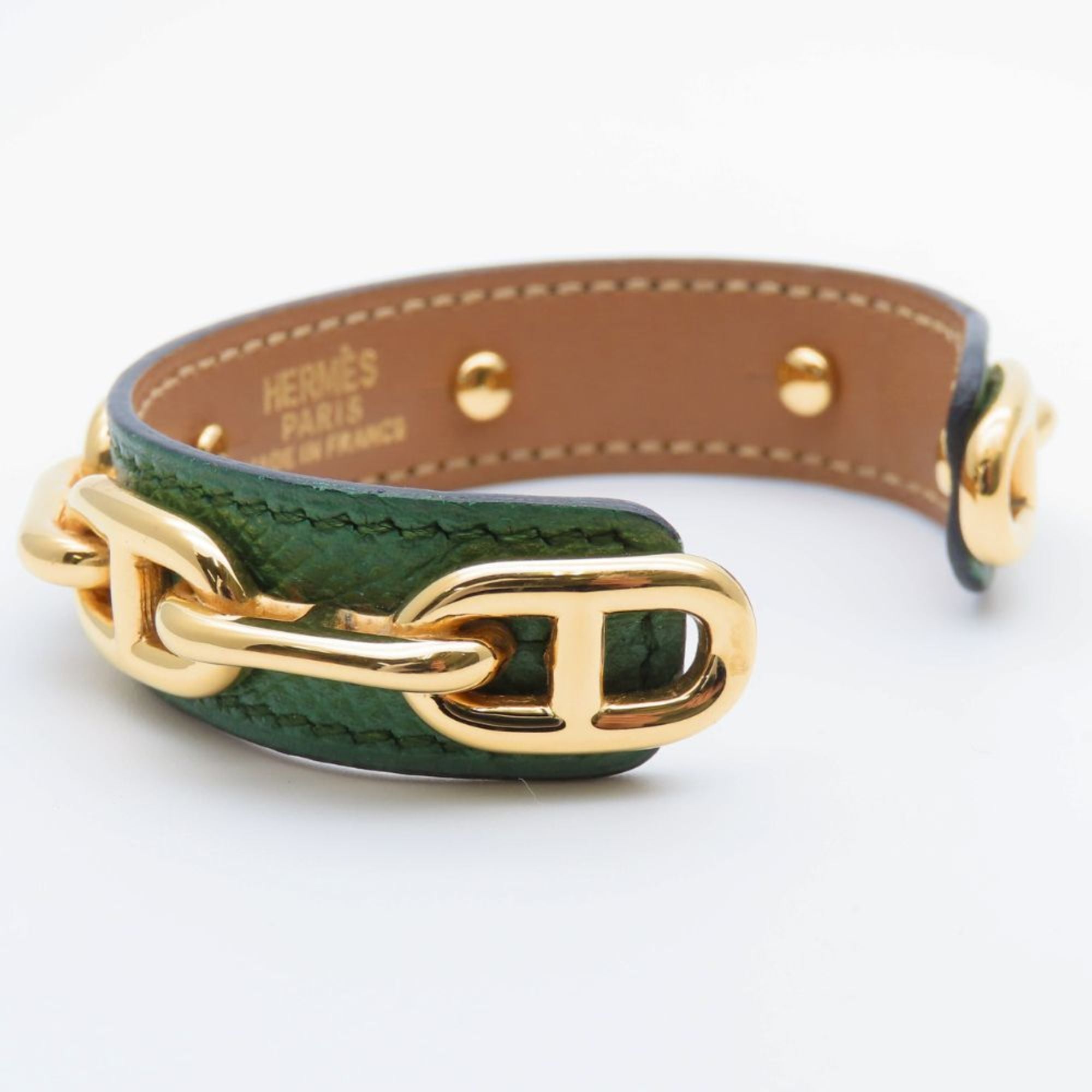 Hermes Chaine d'Ancre Bangle, Leather and Metal, Green Gold Plated, GP, Women's, HERMES