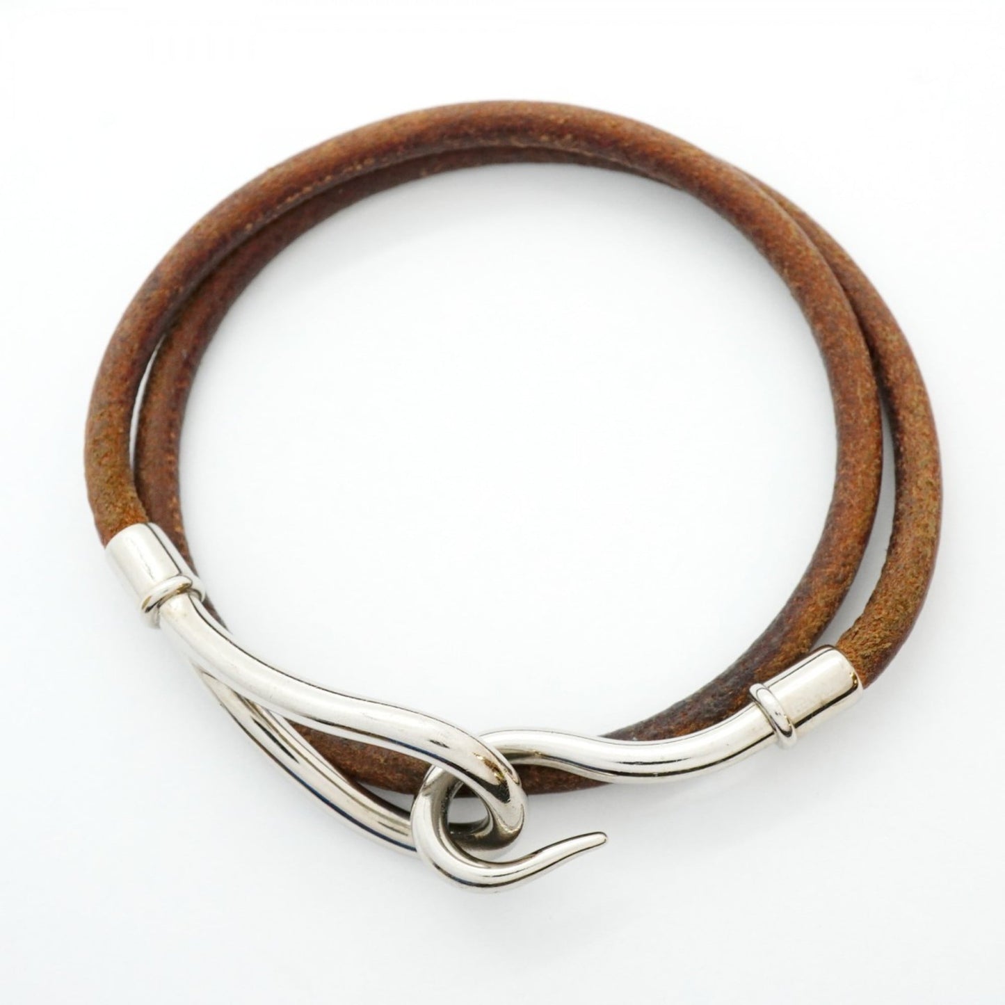 Hermes Jumbo Hook Bracelet, Metal, Leather, Silver, Brown, Women's