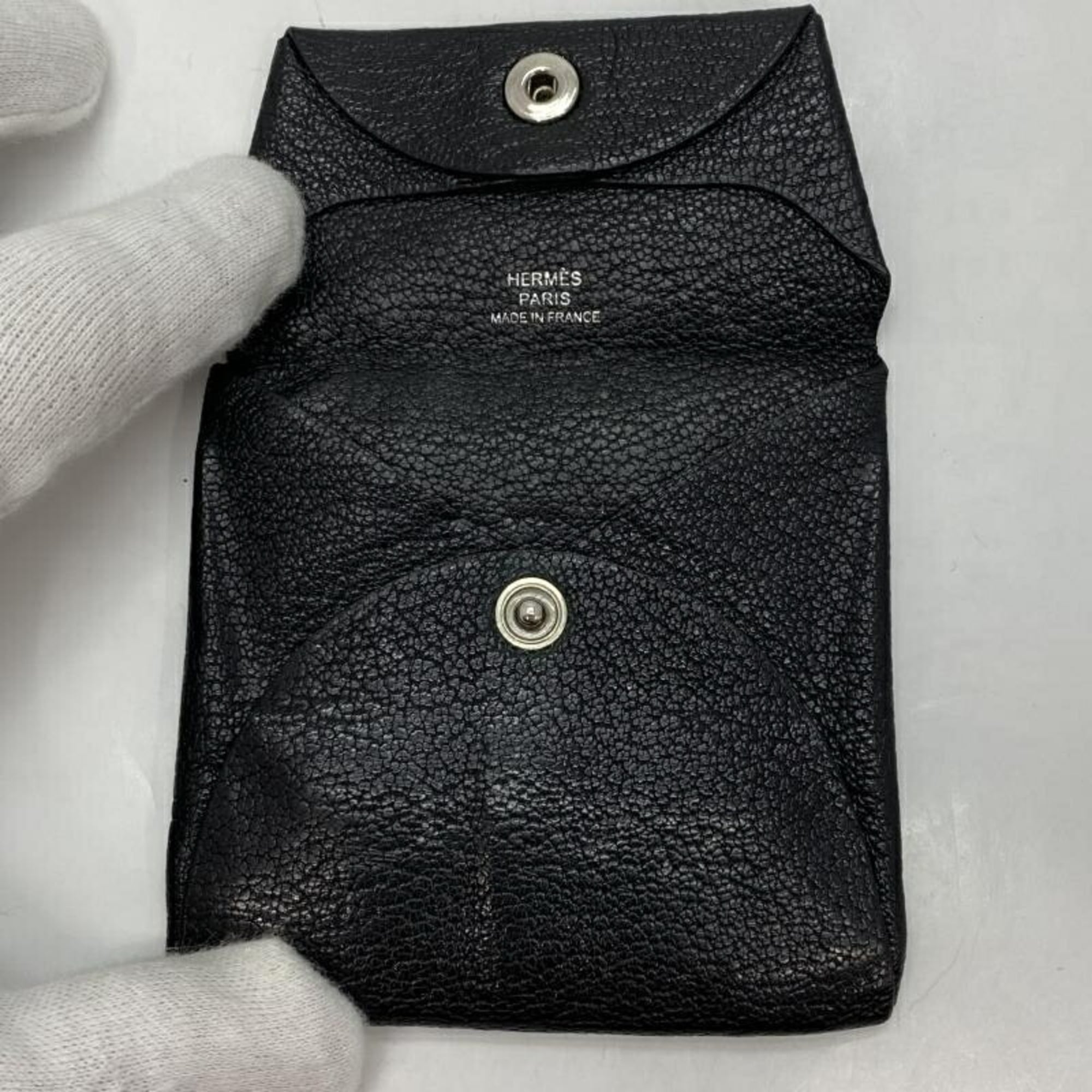 HERMES Leather Wallet/Coin Case Black