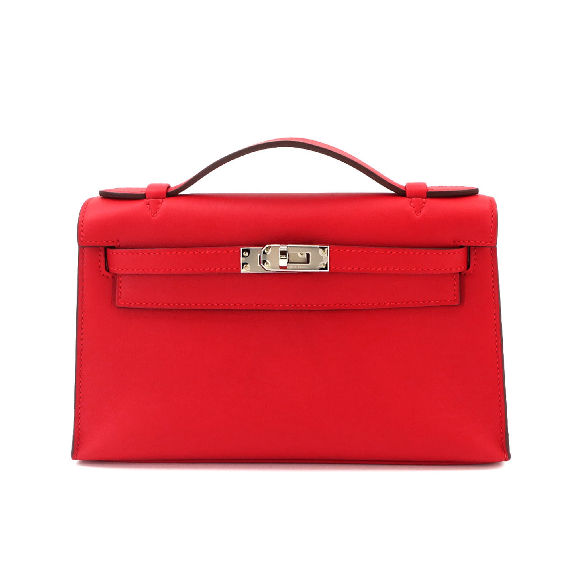 Hermes Pochette Kelly Swift Rouge Ladue Handbag, K stamp, Silver hardware — New - Store Return