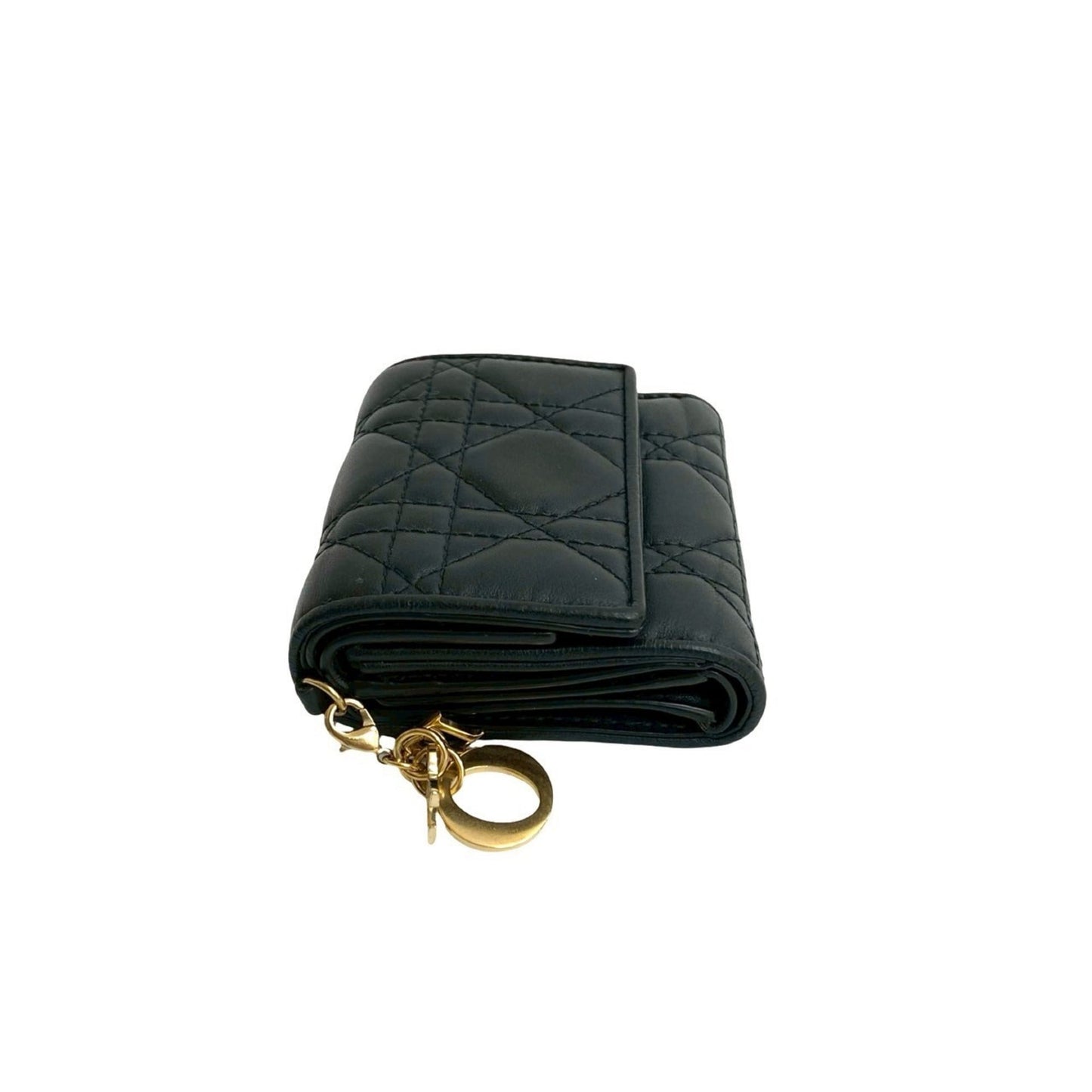 Christian Dior Lady Lotus Cannage Leather Tri-fold Wallet in Black 46865