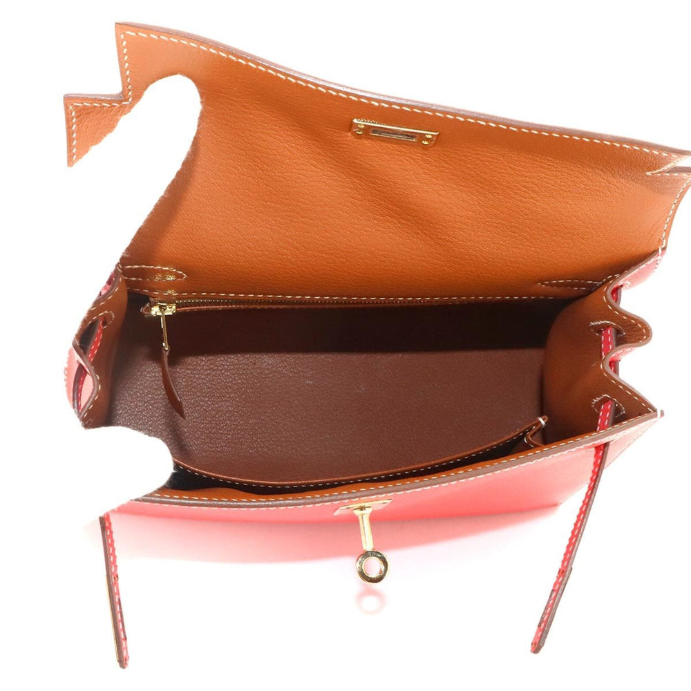 Hermes Candy Kelly 25 Epsom Rose Jaipur Gold 2-way Hand/Shoulder Handbag with external stitching, □Q stamp, gold hardware — Like New