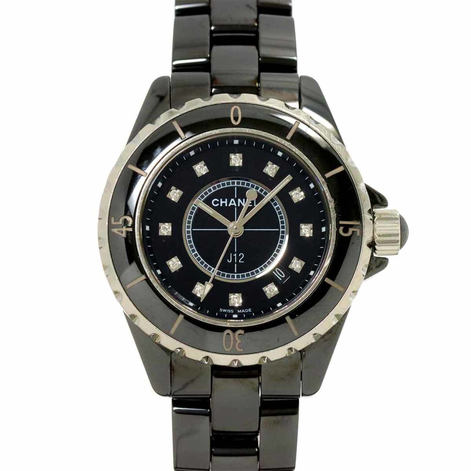 Chanel J12 33mm H1625 Women's Watch, 12 Diamonds, Date Display, Black Ceramic Quartz Watch — Very Good