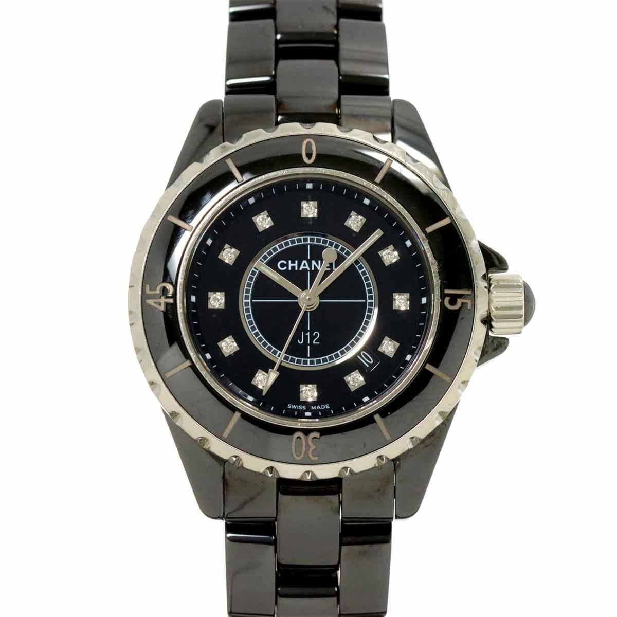 Chanel J12 33mm H1625 Women's Watch, 12 Diamonds, Date Display, Black Ceramic Quartz Watch — Very Good