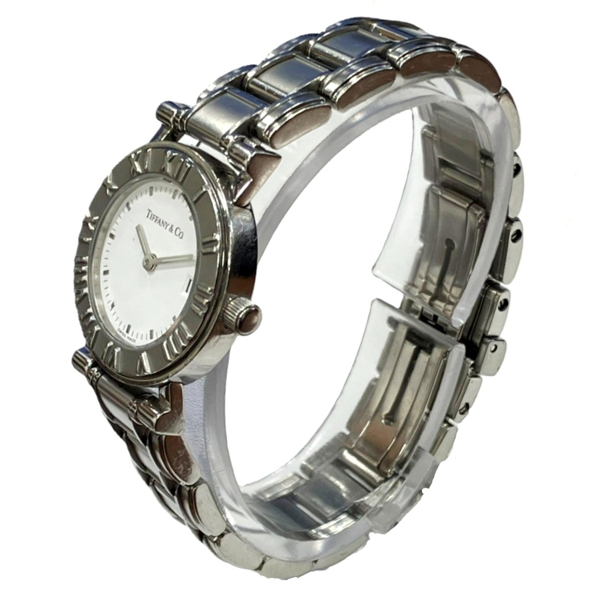 Tiffany & Co. Atlas watch, total weight 53.8g, stainless steel, quartz movement, white dial — Good