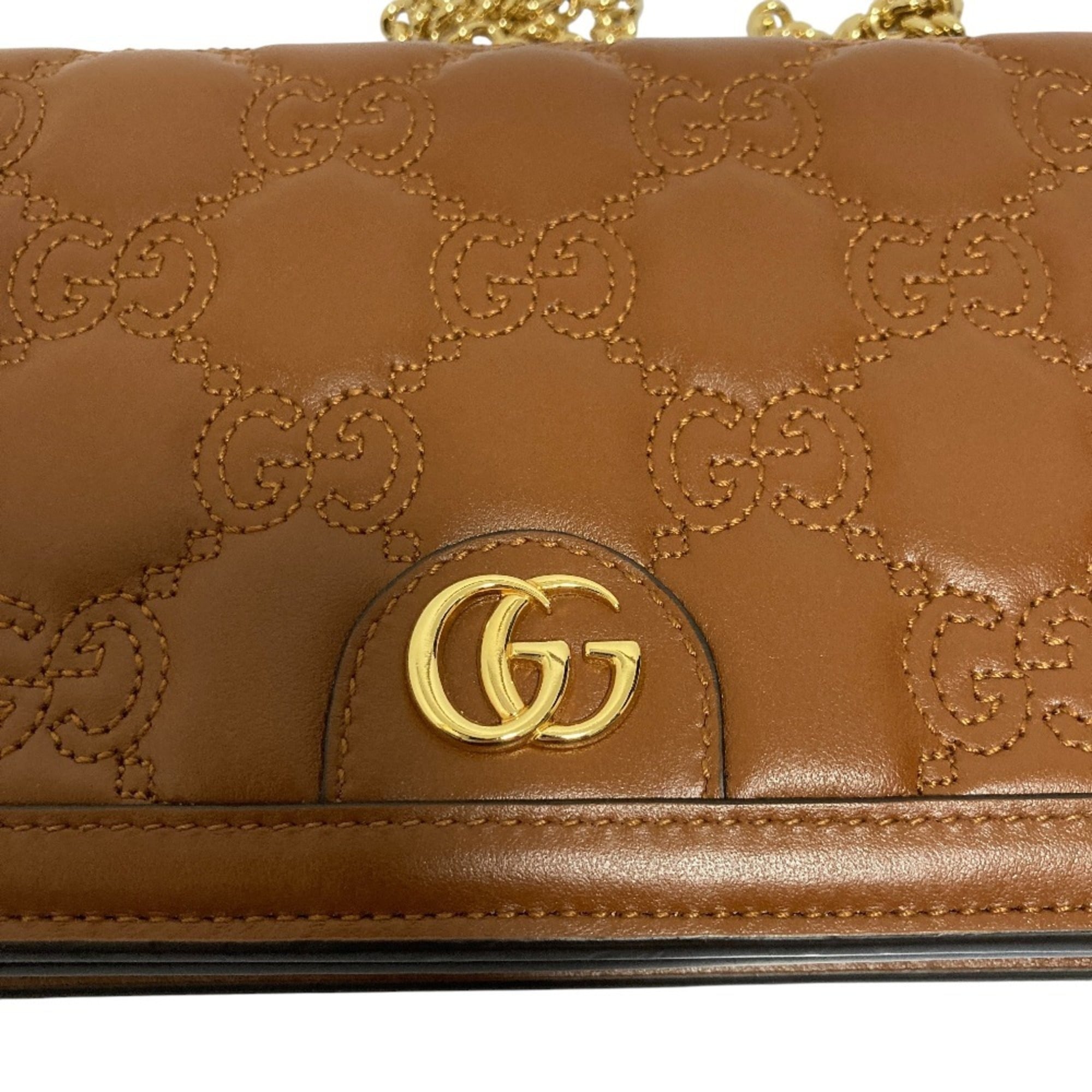 GUCCI GG Matelasse Leather Wallet, Chain Shoulder Bag, 723787, Brown, Women's — Like New
