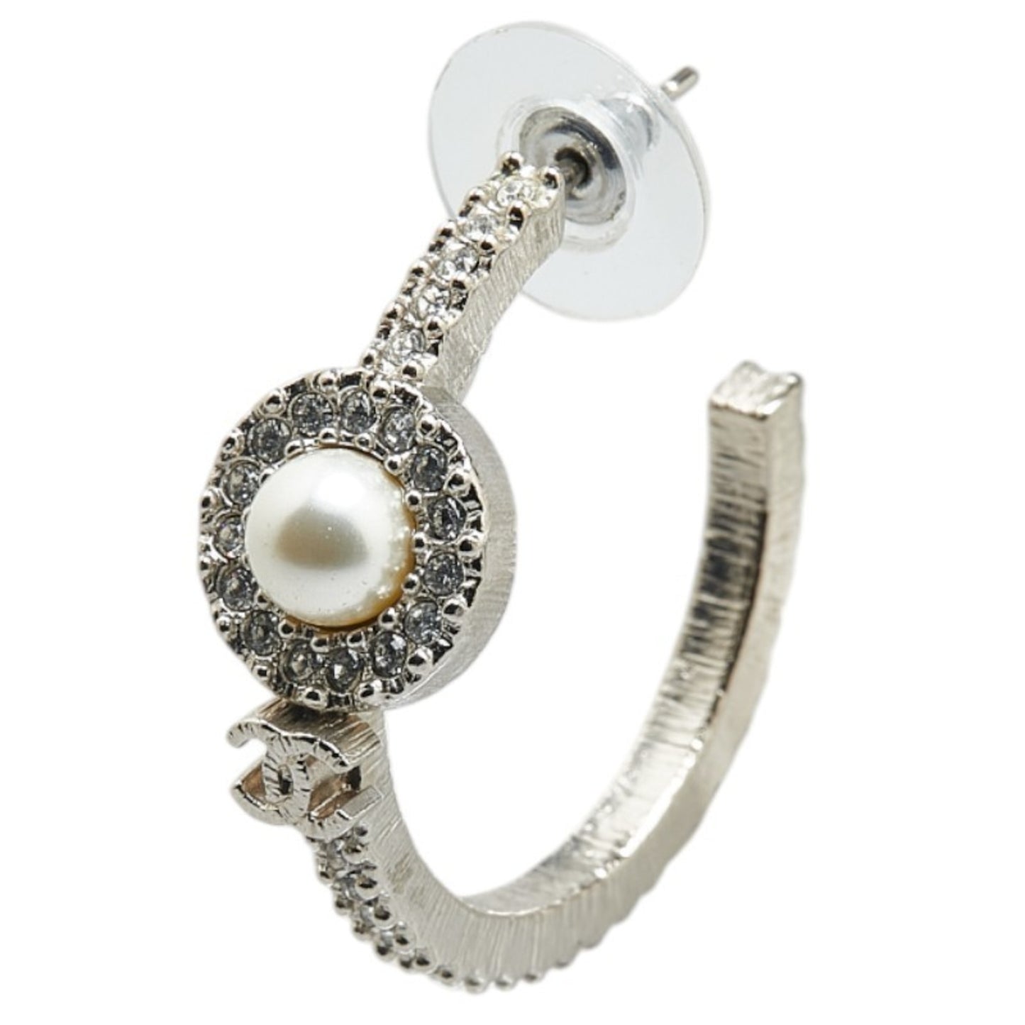 Chanel Coco Mark Rhinestone Hoop Stud Single Earring Silver Metal Women's CHANEL