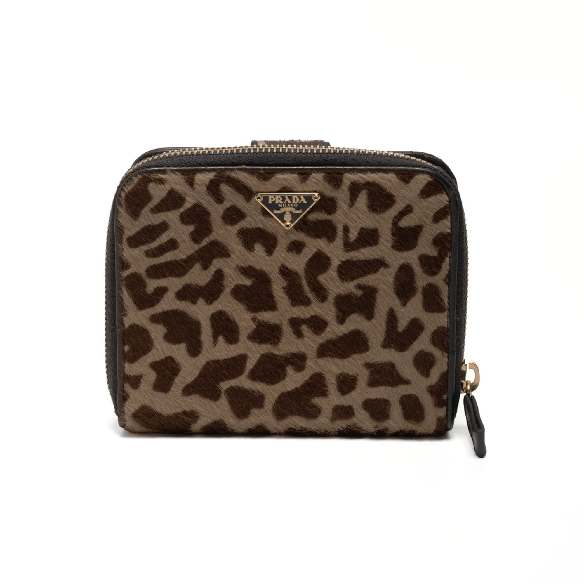 Prada Harako Leopard Print Round Zip Compact Wallet, Brown