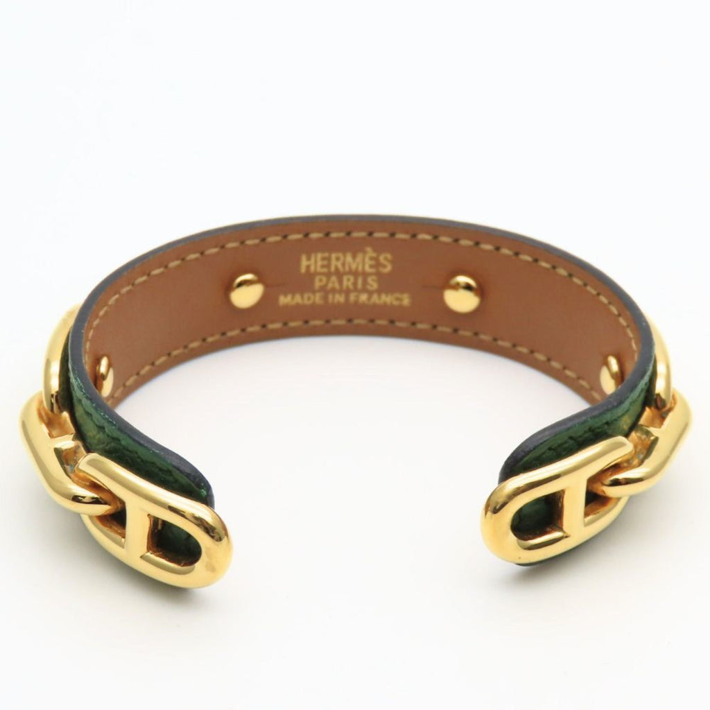 Hermes Chaine d'Ancre Bangle, Leather and Metal, Green Gold Plated, GP, Women's, HERMES