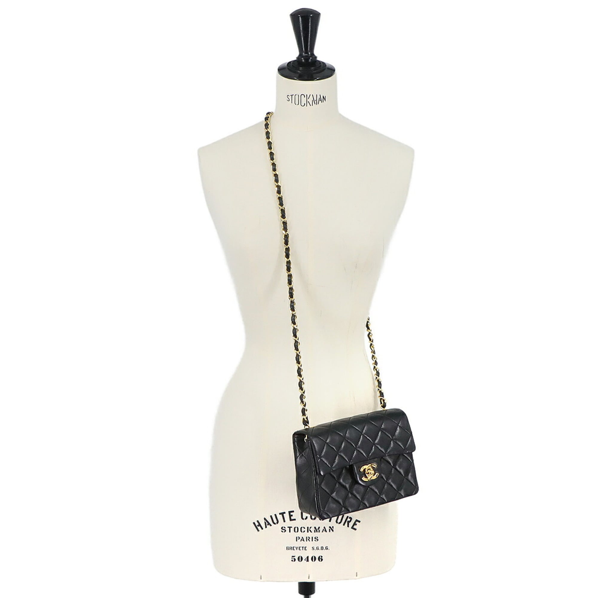 Chanel Mini Matelasse Chain Shoulder Handbag, Lambskin, Black, A01115, Gold Hardware — Like New