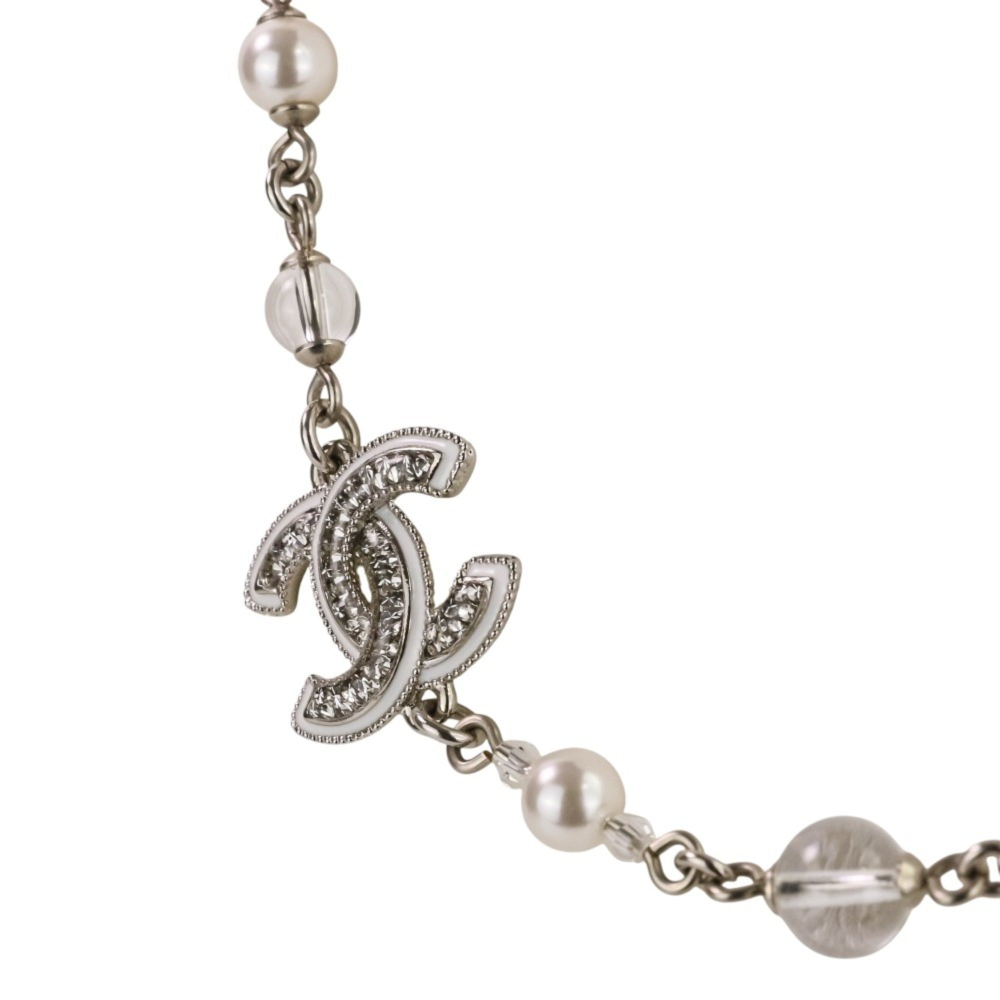 A25C CHANEL Rhinestone Coco Mark Pearl Necklace, Silver/White, Women's — Like New