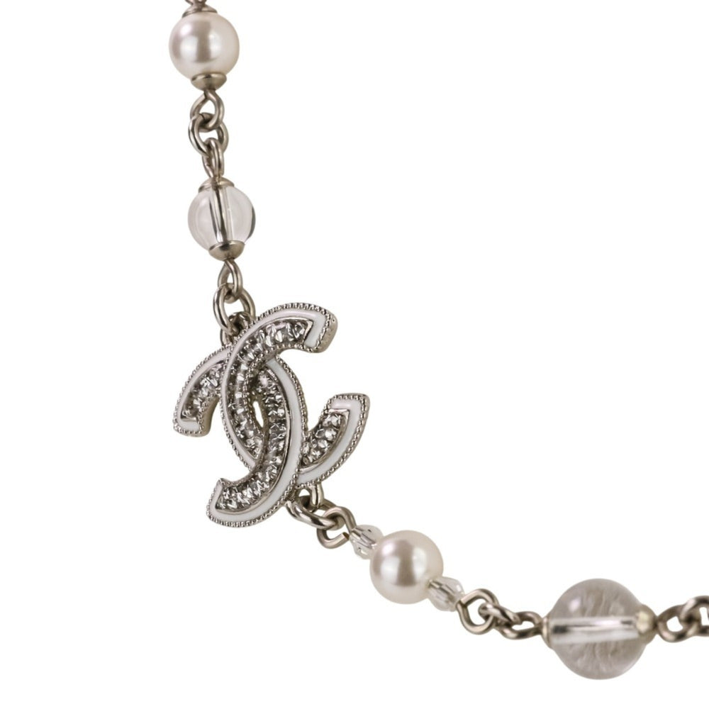 A25C CHANEL Rhinestone Coco Mark Pearl Necklace, Silver/White, Women's — Like New