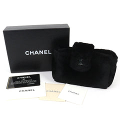 CHANEL Vintage Coco Mark Leather and Orilag Fur Pouch, Black with Silver Hardware, Comes Box, Made in Italy, Women's — Like New