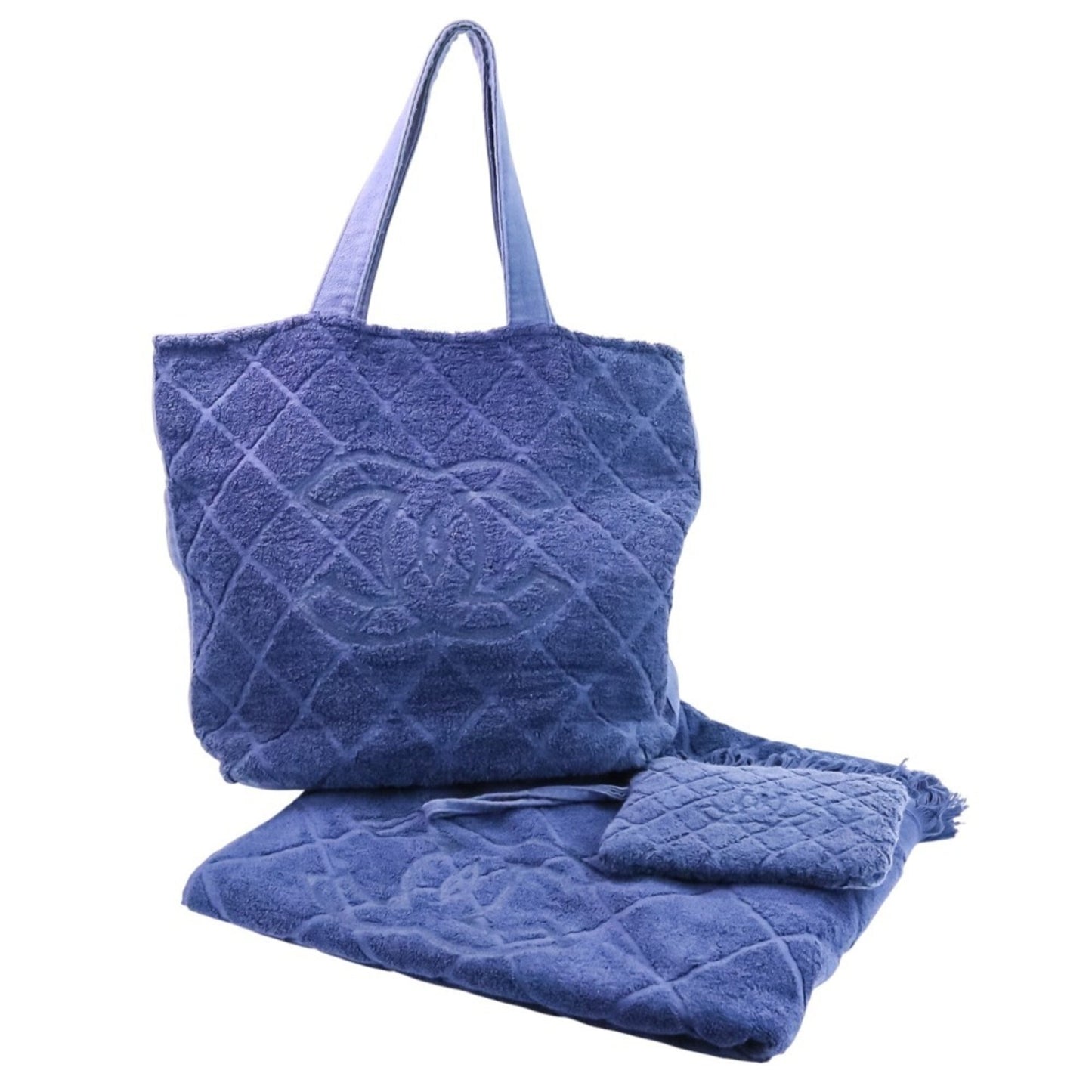 22C CHANEL Coco Mark Beach Bag, Pouch, and Towel 3-Piece Set, Navy, Women's