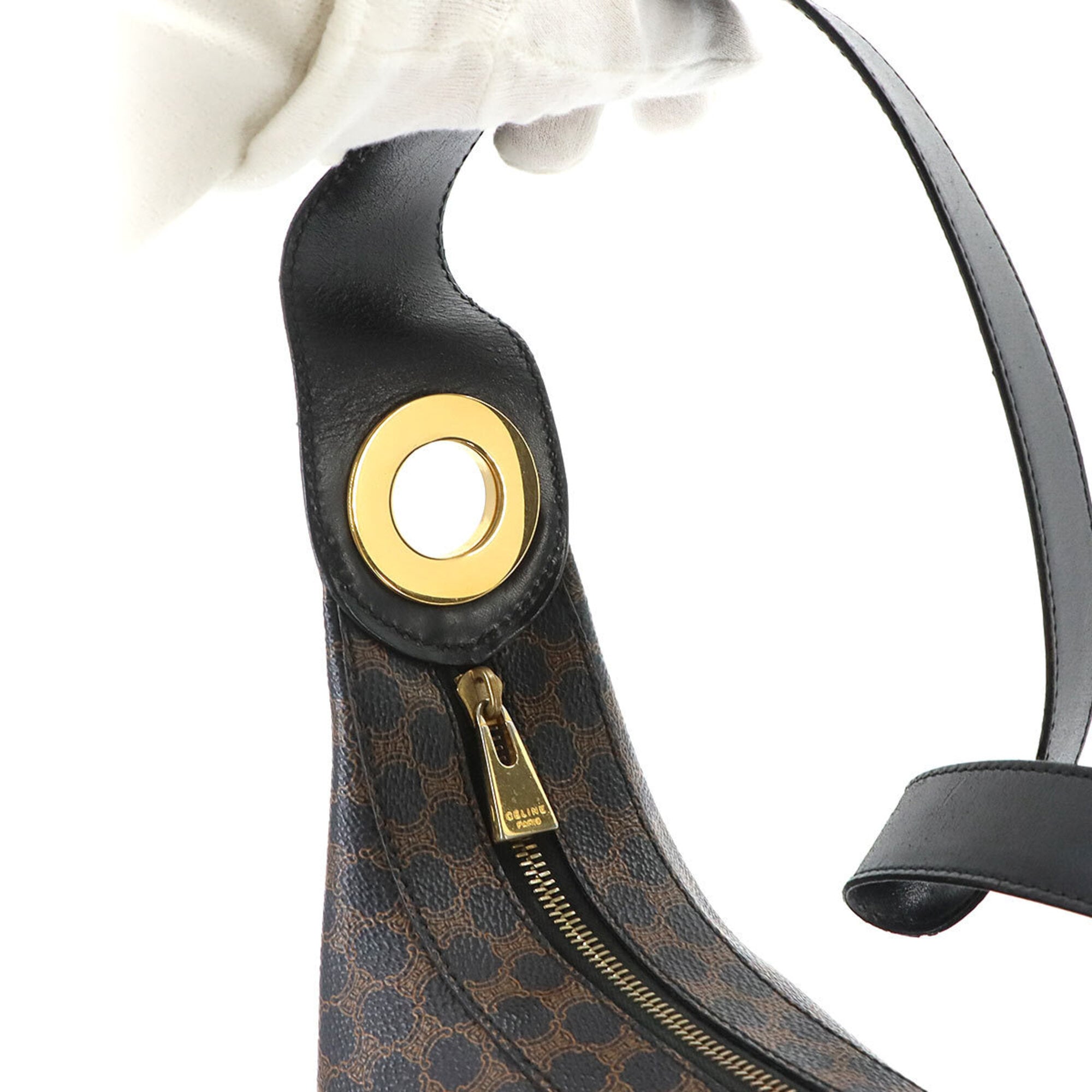 Celine Macadam Handbag, Leather, Black/Brown, Gold Hardware, Shoulder Bag — Like New