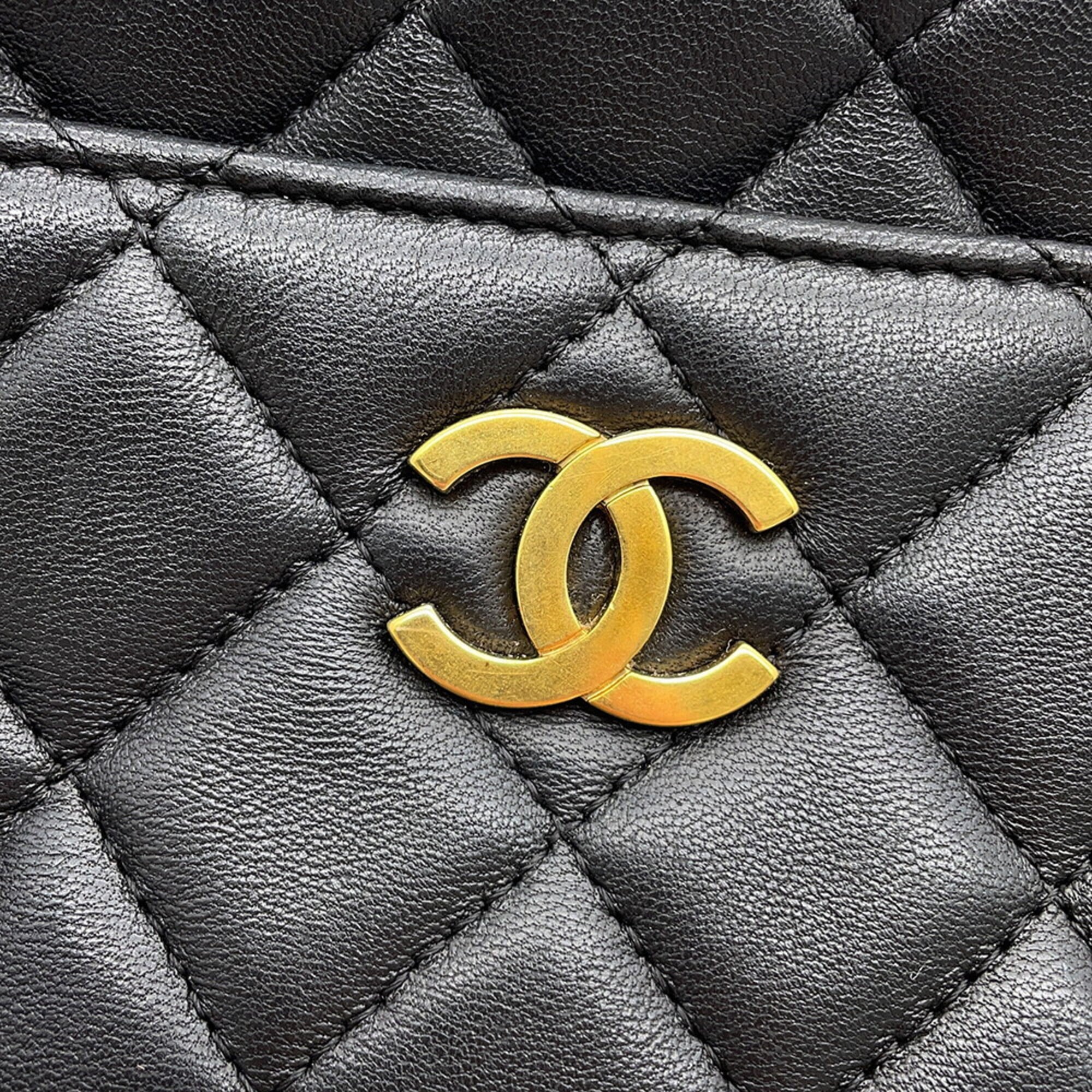 Chanel Chain Shoulder Bag, Matelassé, Coco Mark, Camera Case, Lambskin, A91796, CHANEL Pochette, Black, Handbag, Women's — Like New