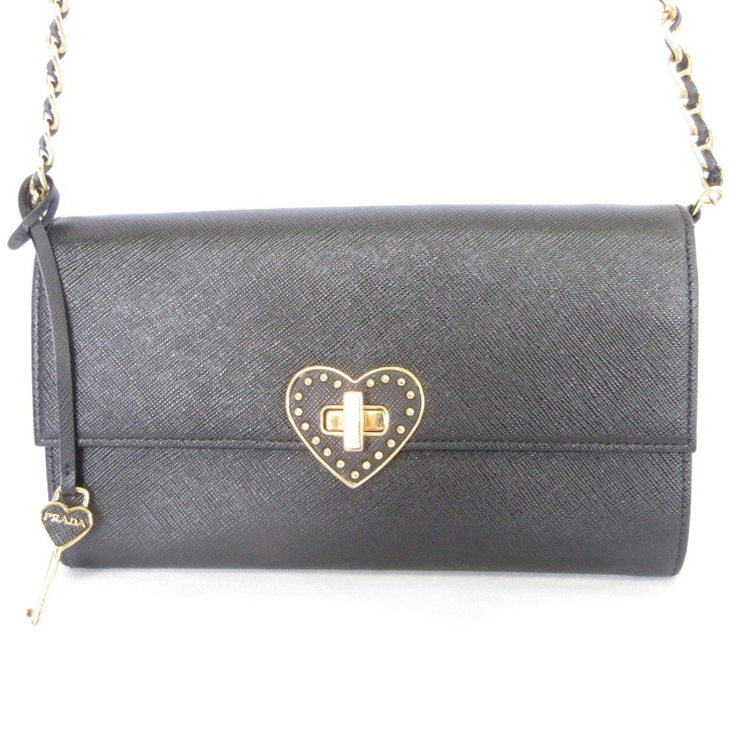 PRADA Prada Saffiano Leather Heart Motif Turn Lock Chain Wallet BT770C Black Women's