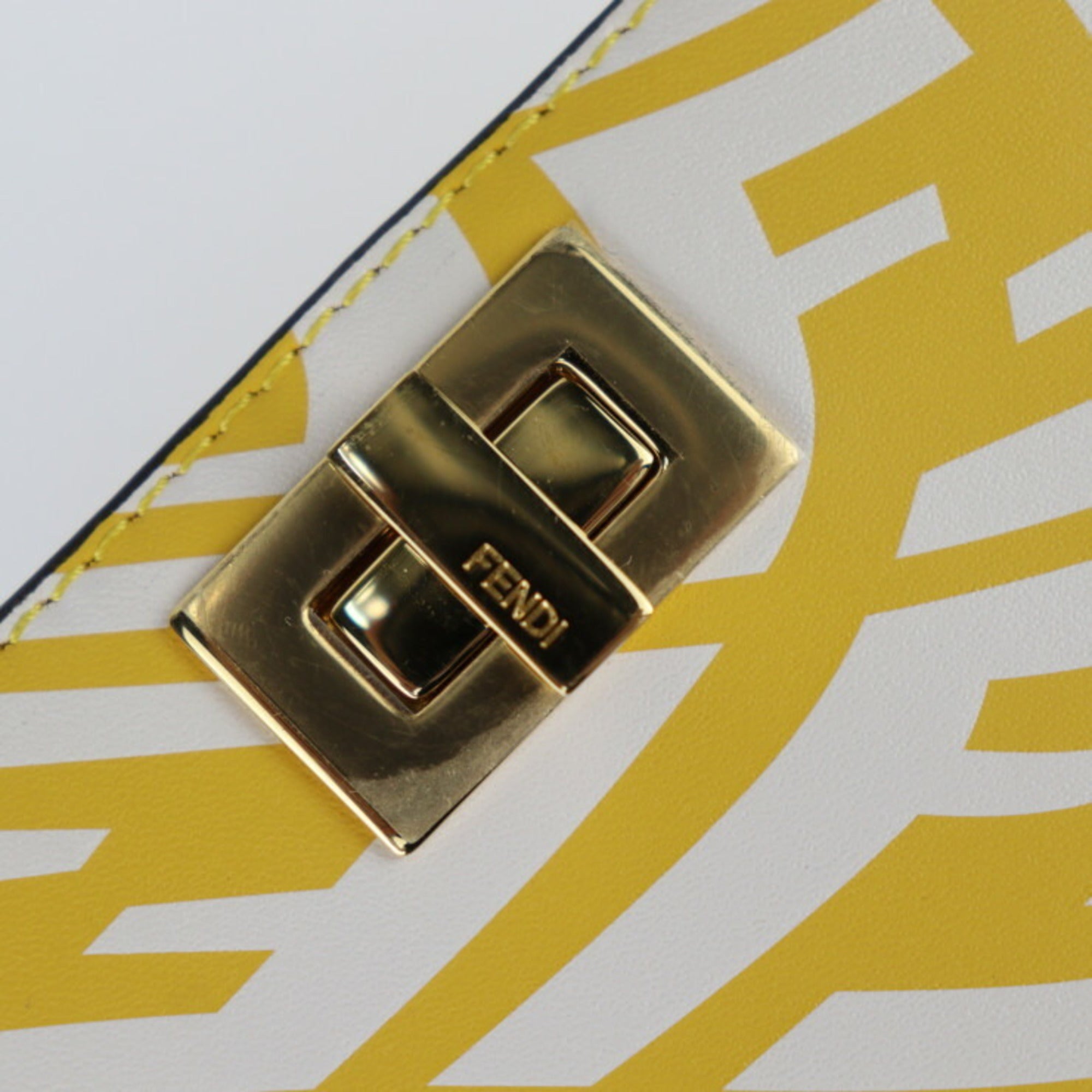 FENDI Peekaboo Shoulder Bag 8M0442 Calf Leather Yellow Zucca Pattern Smartphone Pouch Case Strap Turn Lock — Like New