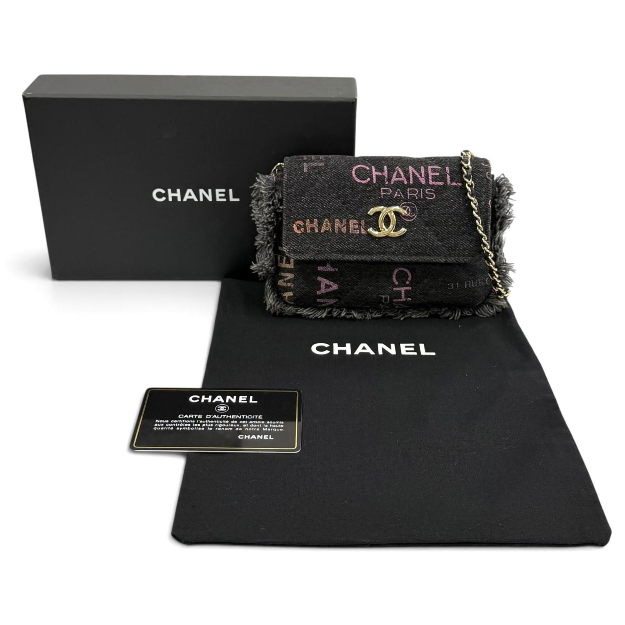 CHANEL Coco Mark Mini Matelassé Denim Leather Chain Fringe Bag Shoulder Black Multi Made in France Women's with Box and Dust — Like New