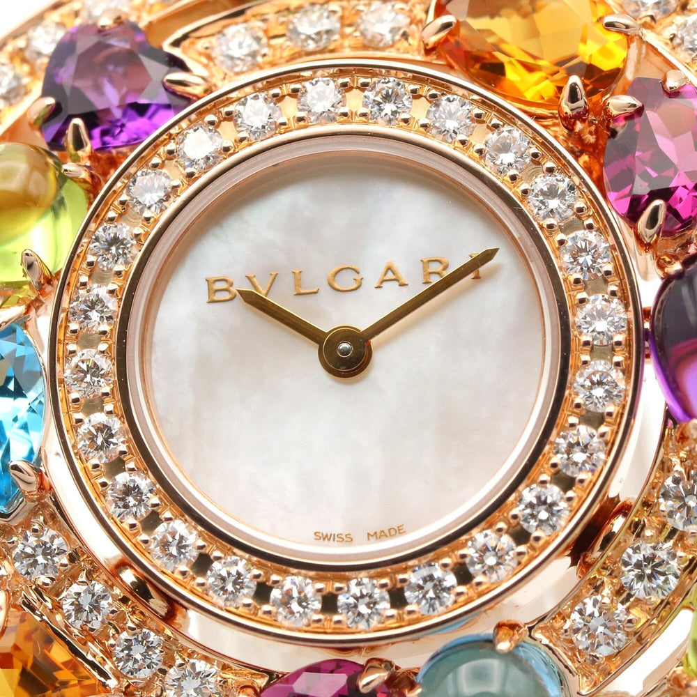 Bulgari BVLGARI Astrale Cerchi Diamond & Colored Stone Watch, 18K Pink Gold (PG), Diamond, Leather Strap, Women's, White, White Shell, AEP36G — Very Good