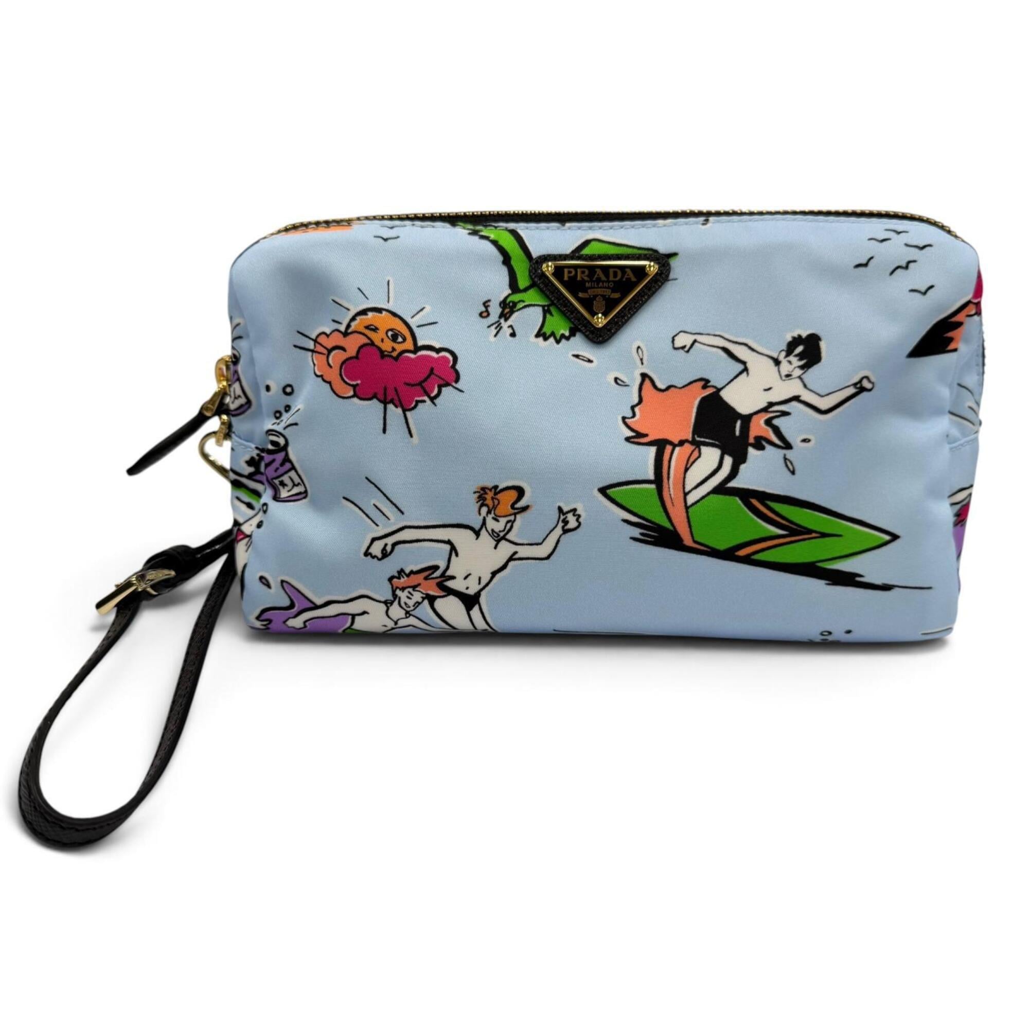 PRADA 1NS693 Triangle Logo Re-Nylon Surf Print Cosmetic Pouch with Wristlet, Blue, Made in Italy, Women's, Box — Like New