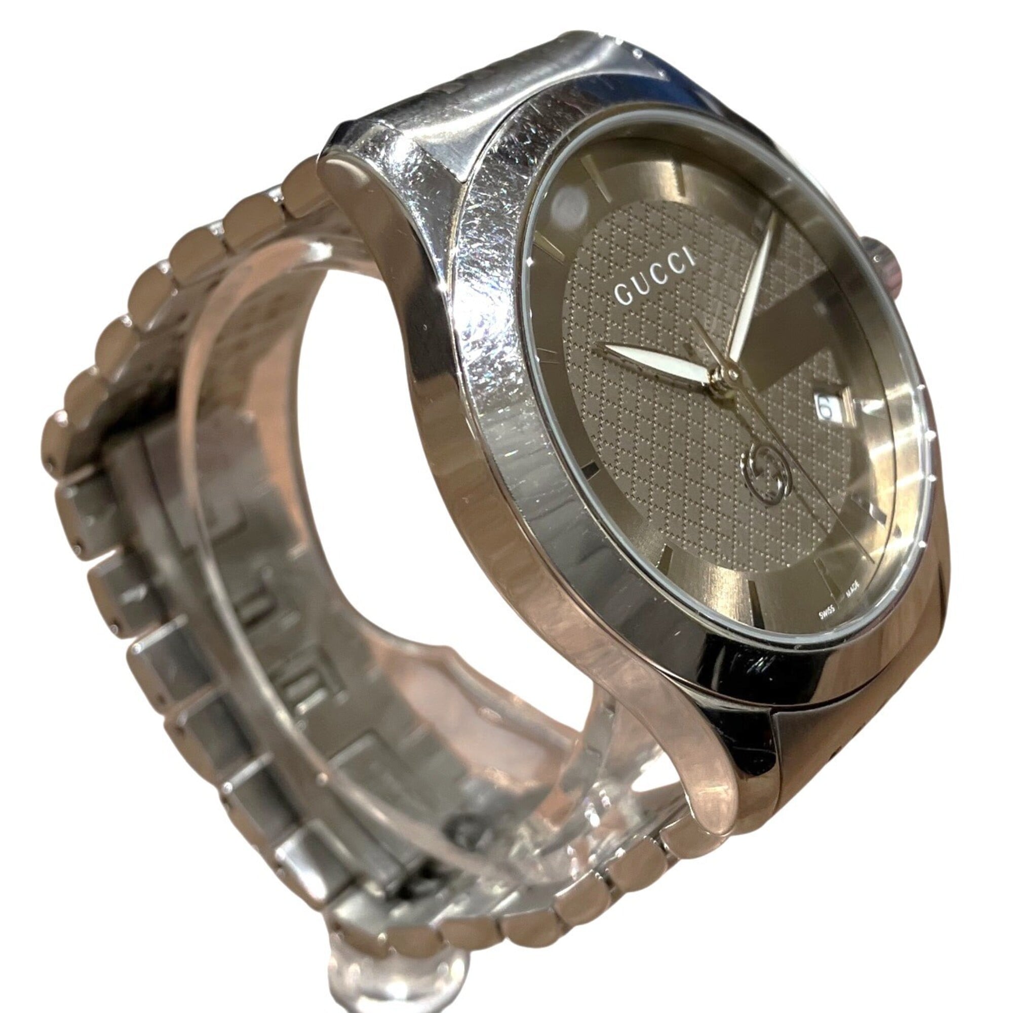 Gucci G-Timeless watch, total weight 96.4g, stainless steel, quartz movement, light brown dial. 126.4 — Good