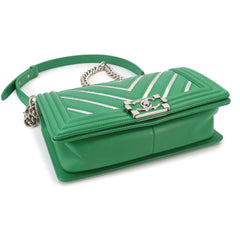 Chanel Boy Chain Shoulder Handbag, Lambskin, Green, A67086, Silver Hardware — Like New