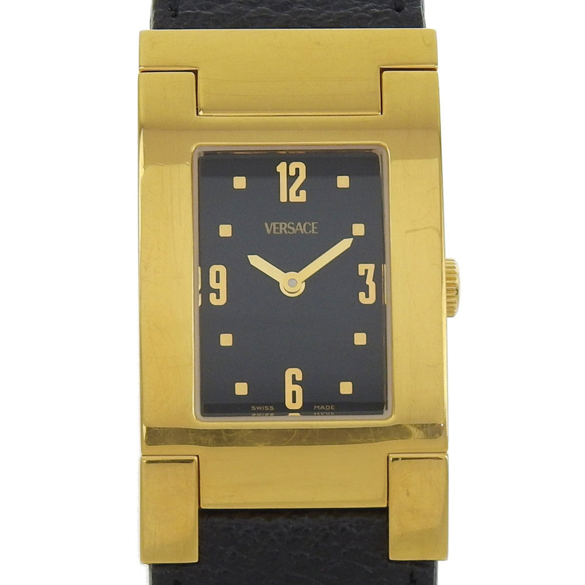 Versace VERSACE ALQ90 Rectangular Black Dial GP/Leather Quartz Watch Battery Women's — Good